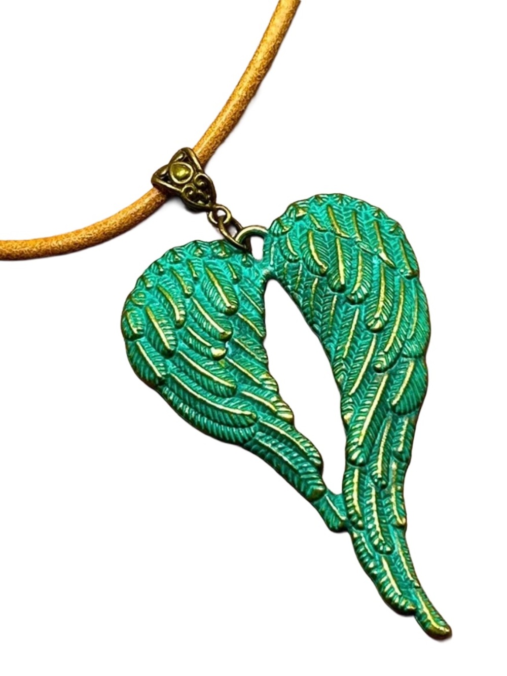 Handmade Antique Patina Angel Wings Pendant Necklace with Brown Leather Cord! - Picture 3 of 5